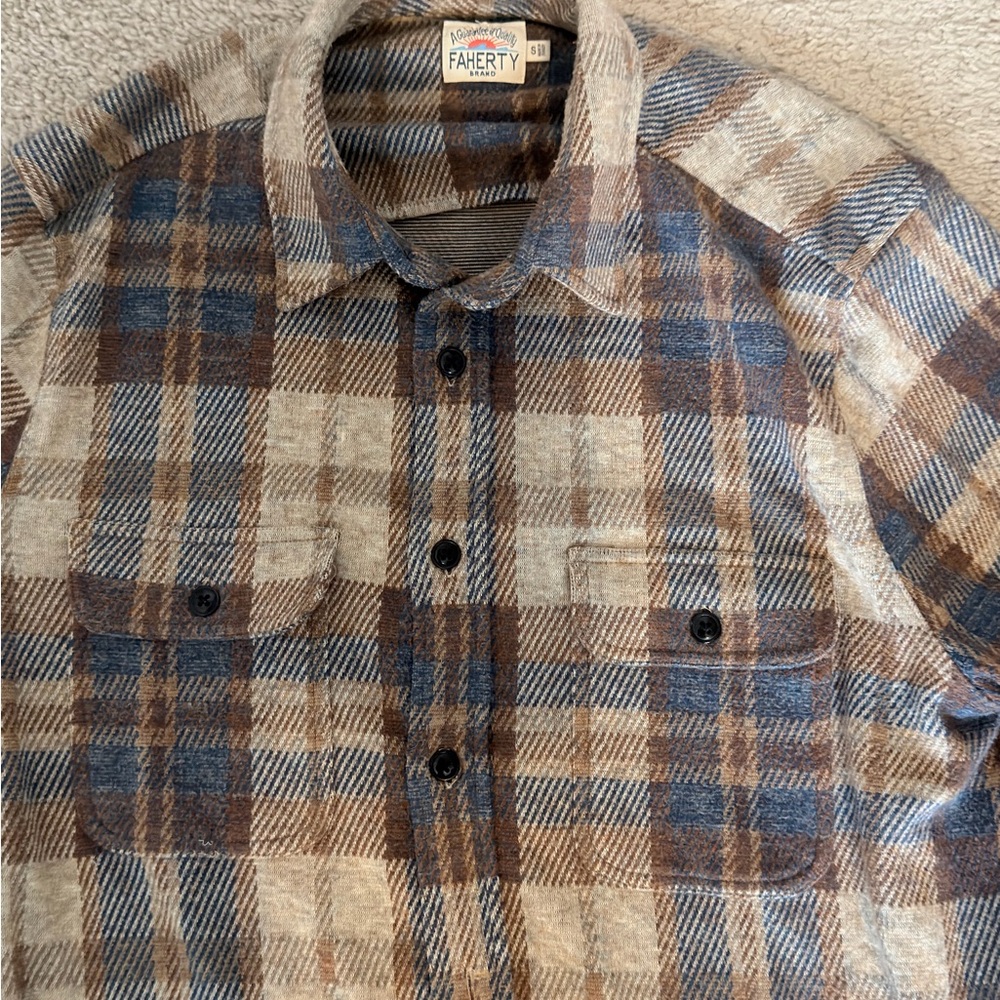 Faherty Men's Casual Blue and Brown Checkered Legend Sweater Shirt